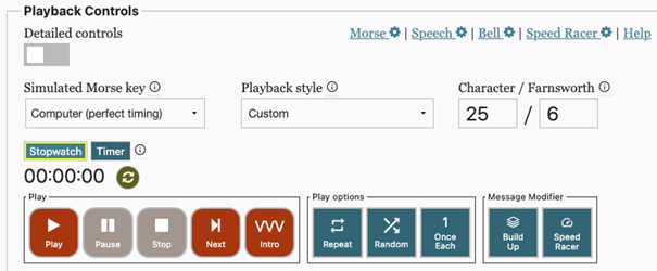 Screenshot from Morse Code Trainer showing the settings described above