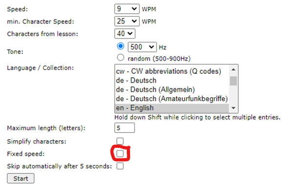 Screenshot from LCWO showing the above settings and emphasizing having the fixed speed box unchecked