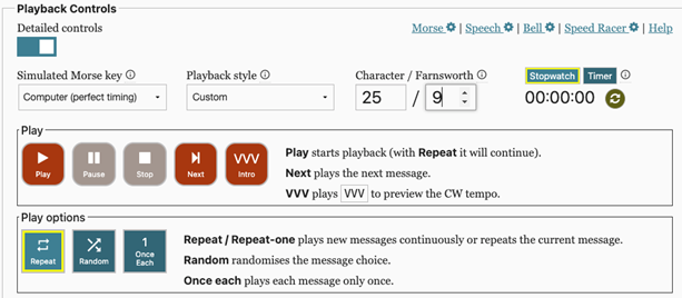 Screenshot of morse trainer with settings as describe above