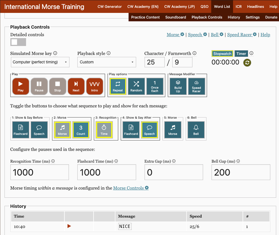 Screenshot of the overall webpage for the word list trainer. The references on the CWops student resources webpage are accessible.