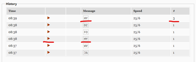 Screenshot from ICR showing the history area with a list of messages that were played