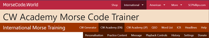 Screen shot of Morse Code Trainer webpage showing top-level menus