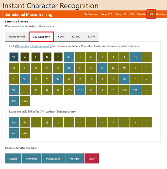 Screenshot of the overall Morse Code Trainer ICR webpage with the CW Academy mode selected. Shows an array of buttons for every letter, number, punctuation, and prosign. Each one is individuallly selectable and toggles on/off.