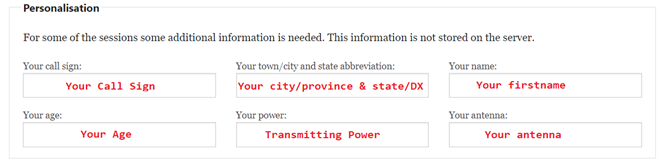 Screenshot of Morse Trainer CW Academy page showing 6 Personalization fields. Fill in your call sign, location, name, age, power level in watts, and antenna.