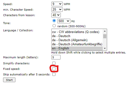 Screenshot from LCWO showing the above settings and emphasizing having the fixed speed box unchecked